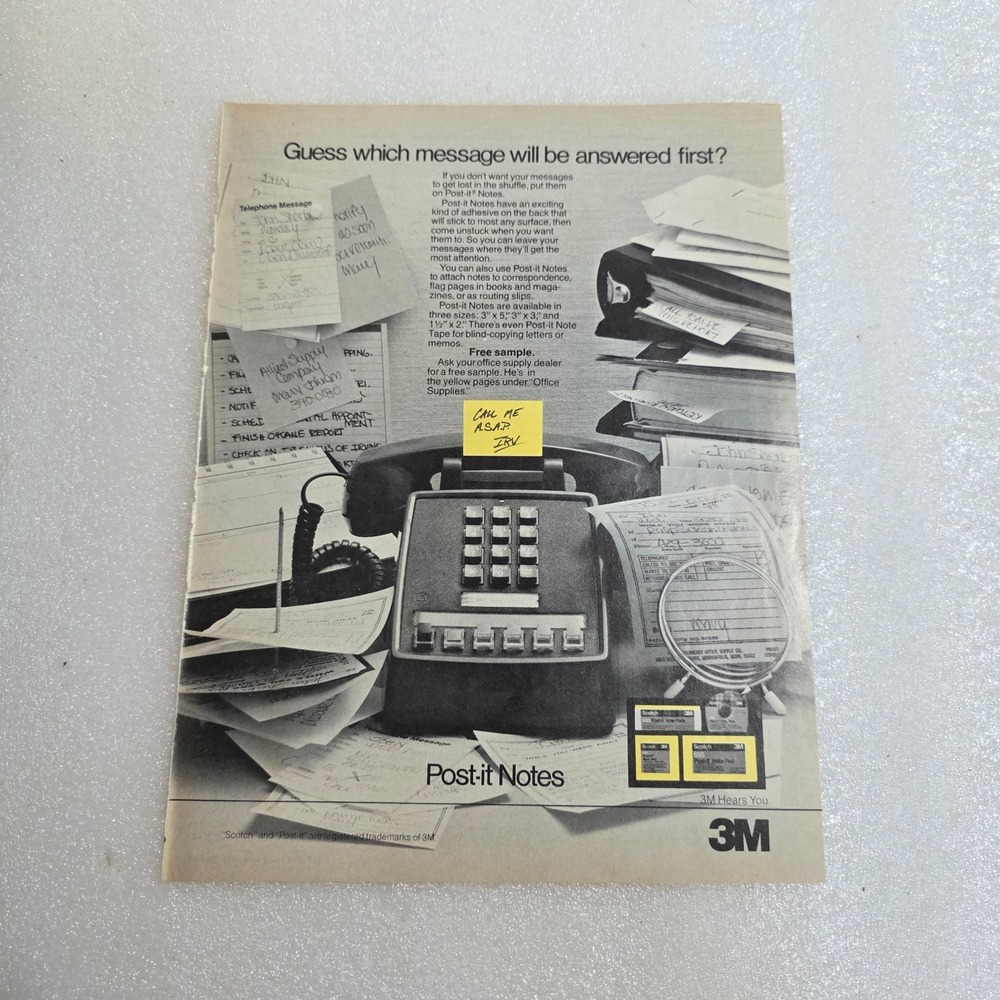 Vintage Print Ad 3M Post-it Notes office supply telephone message 8x10.5 1981